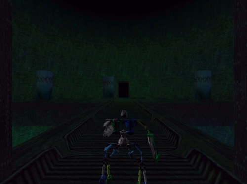 Image. Screen capture of the Wairuha room in The Legend of Mata Nui PC game. Wairuha steps forward into a chamber with three giant cylinders sticking up from the ground.