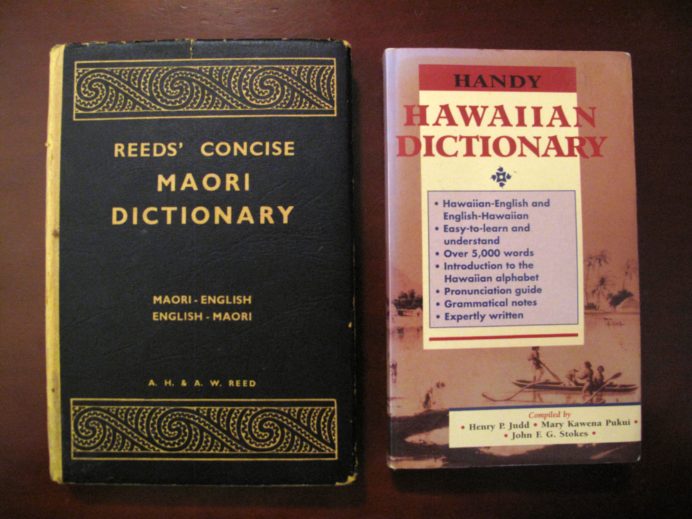Photo of Reeds' Concise Maori Dictionary and Handy Hawaiian Dictionary sitting on a table.