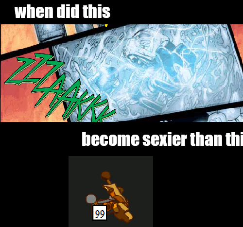 Meme image. It says 'when did this, become sexier than this?' The first image is of Tahu being electrocuted by liquid protodermis. the second image is of the inventory item for protodermis parts in MNOG - just a collection of bionicle pieces.